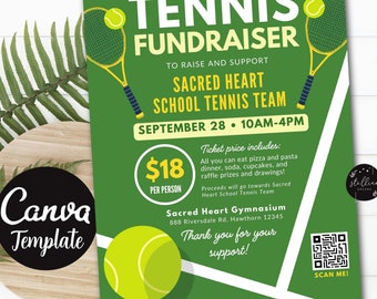 May include: Green and white tennis flyer with a tennis racket and ball. The flyer advertises a tennis fundraiser to support the Sacred Heart School Tennis Team on September 28th from 10am to 4pm. The flyer includes a QR code and the text "SCAN ME!"