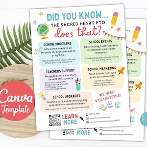 May include: A flyer for The Sacred Heart PTO, featuring colorful text boxes with information on school programs, events, teacher support, upgrades, and marketing. The flyer includes the text "We Need Volunteers!" and a QR code.