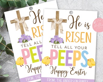 Easter Gift Tags, He Is Risen Tell Your Peeps, Religious Kids Easter Gift Basket Party Favor Tags, DIY Instant Download Editable Printable