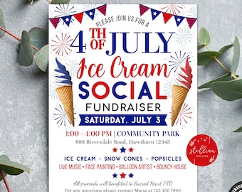 EDITABLE Patriotic Ice Cream Social, 4th of July, Block Party Invite, Fundraiser Summer Party, Memorial Day Flyer Printable INSTANT DOWNLOAD