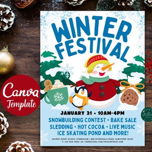Bewerkbare winterfestival vakantieflyer/poster afdrukbare kerstuitnodiging community winterevenement, kerkinzamelingsactie uitnodiging CANVA-sjabloon