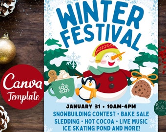 Puede incluir: Un cartel colorido que anuncia un Festival de Invierno el 31 de enero de 10:00 a 16:00. El cartel presenta un muñeco de nieve, un pingüino, una taza de chocolate caliente y un hombre de jengibre. El festival incluirá un concurso de construcción de nieve, venta de pasteles, trineo, chocolate caliente, música en vivo, estanque de patinaje sobre hielo y mucho más. El evento se llevará a cabo en el gimnasio de la Sacred Heart School, 808 Riverside Road, Hawthorn 12345. El número de teléfono es 123-456-7898 y el sitio web es YOURSCHOOL.COM/TRICKORTREAT.COM.