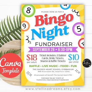 Bewerkbare bingoavond flyer fundraiser Community evenement uitnodiging kerk bedrijfsuitnodiging familie school PTA PTO afdrukbare CANVA-sjabloon Diy