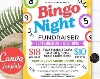 May include: A yellow Bingo Night Fundraiser flyer with red and blue text. The flyer includes the text "Bingo Night Fundraiser" and details about the event, including the date, time, and ticket information.