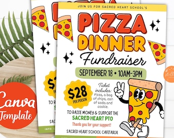May include: A flyer for a pizza dinner fundraiser with a cartoon pizza slice character. The flyer has a yellow and orange color scheme with the text "Pizza Dinner Fundraiser" and event details. The Canva template is visible.