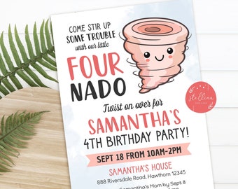 EDITABLE Tornado Birthday Party Invitation, Storm Chaser Fourth Birthday Four-nado Kids Party, Girls Twister Birthday Invite, DIY Template