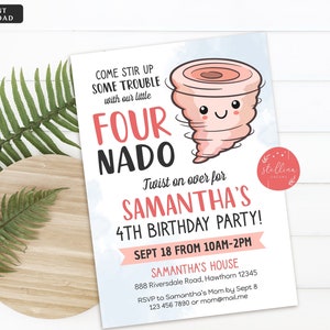 EDITABLE Tornado Birthday Party Invitation, Storm Chaser Fourth Birthday Four-nado Kids Party, Girls Twister Birthday Invite, DIY Template