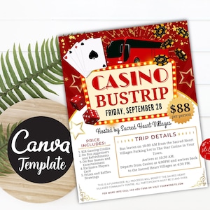 Volantino modificabile per viaggio in autobus al casinò, evento di raccolta fondi per la chiesa, gita di un giorno per residenti in case di cura, invito a una festa con carte da casinò, modello CANVA fai da te