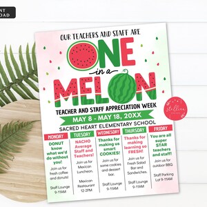 Poster dell'itinerario della settimana di apprezzamento degli insegnanti, programma di eventi a tema estivo uno in un melone, modello stampabile per raccolta fondi