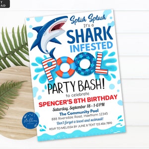 EDITABLE Shark Birthday Invitation, Shark Attack Pool Party Bash Birthday, End of School Summer Kids Boys Pool, Printable Invite TEMPLATE