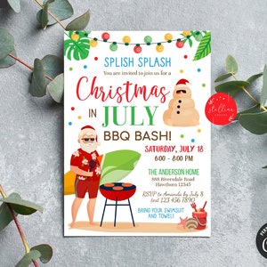 Editable Christmas In July Party Invitation, Summer Xmas Santa, Holiday Invite, Backyard BBQ, Pool Party, Printable Instant Download