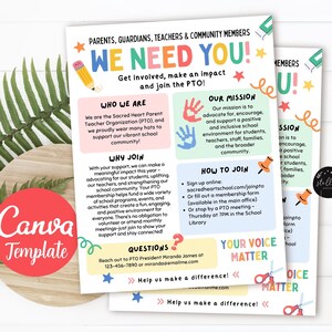 Pode incluir: Um folheto com o texto "WE NEED YOU!" (PRECISAMOS DE VOCÊ!) em letras coloridas, promovendo a Parent Teacher Organization (PTO). O folheto inclui informações sobre a missão da PTO, como participar e detalhes de contato. Um modelo Canva é visível.