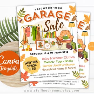 May include: A flyer for a neighborhood garage sale with the text "Garage Sale" in large orange letters. The flyer includes illustrations of furniture, clothing, and other items. The sale is scheduled for October 18 & 19, 9 AM-5 PM.
