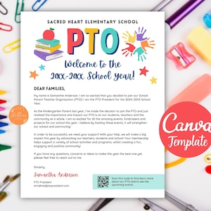Carta de bienvenida editable de la PTA a los padres, introducción del presidente, folleto imprimible, folleto "Conoce al equipo", plantilla CANVA para el regreso a clases.
