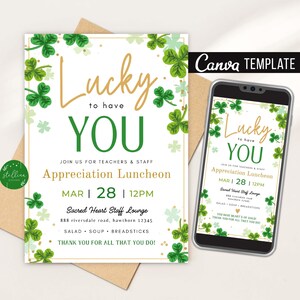 St. Patrick's Day Teacher Appreciation Invite: Editable Canva Template (Digital) Lucky to Have You