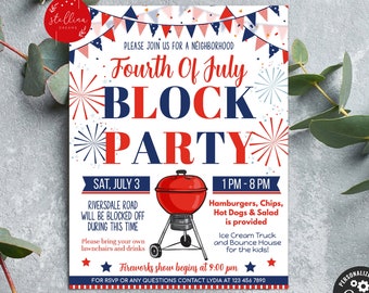 EDITABLE 4th of July Neighborhood Block Party Invite, Printable, Bbq Picnic Summer Party, Patriotic, Memorial Day Flyer, INSTANT DOWNLOAD