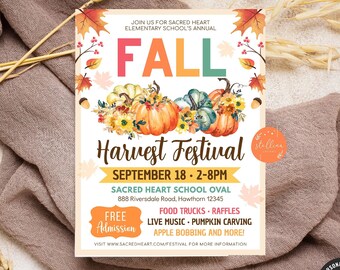 Op de afbeelding: Een herfstthema flyer met het woord "FALL" in kleurrijke letters, pompoenen en herfstbladeren. De flyer promoot het jaarlijkse Harvest Festival van de Sacred Heart Elementary School, met details over datum, tijd en activiteiten.