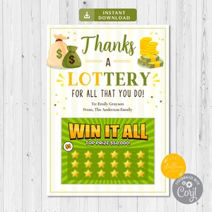Grazie un titolare di carta regalo della lotteria, grazie a un lotto, apprezzamento dell'insegnante stampabile, regalo allenatore di Natale, carta regalo babysitter tata, modificabile