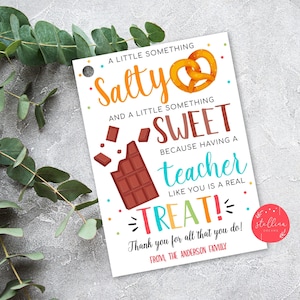 BEWERKBARE Chocolate Pretzel Gift Tag, Teacher Staff Employee School Appreciation Week Gift, Something Salty Sweet Treat Thank You Favor Tags