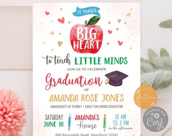 Editable Teacher Graduation Invitation, It Takes Big Heart, College Graduate, Apple Invite, Education Teacher Graduate INSTANT DOWNLOAD