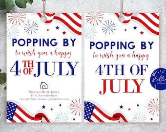 Editable Fourth of July Pop by Tags Realtor, Popping by to say Happy 4th of July, Firework Summer Real Estate Pop by Tag, Marketing INSTANT