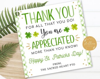 St. Patrick's Day Thank You Gift Tags, Teacher Staff Employee Nurse ...
