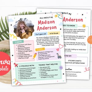 May include: A Canva template with two pages, one labelled "All About Me" and the other "About Me". The pages feature a child's photo, lists of likes, struggles, and helpful things, and the name "Madison Anderson".