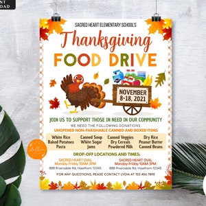 Fall Food Drive Flyer, Printable PTA PTO Flyer, School Church, Thanksgiving Fundraiser Poster Invite, Business Charity EDITABLE Invitation