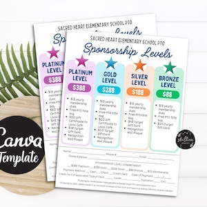Modulo di sponsorizzazione PTO PTA della scuola modificabile: modello Canva, listino prezzi