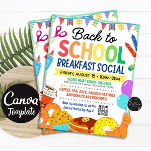 Editable Back to School Breakfast Social Flyer PTO PTA Fundraiser Invite Meet the Teacher Staff Breakfast Invitation CANVA Template Diy