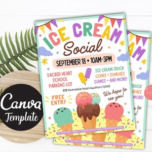 Editable Ice Cream Social Flyer Teacher Appreciation Week, Printable Ice Cream Fundraiser Party Invite, Church School pta pto CANVA Template