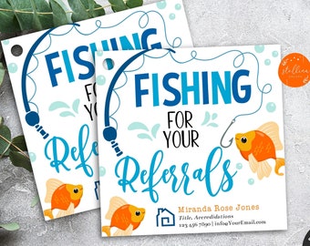 EDITABLE Goldfish Realtor Pop By Tag, Pesca para sus referencias, Cliente de marketing de banca para pequeñas empresas, Plantilla imprimible para tratar alimentos