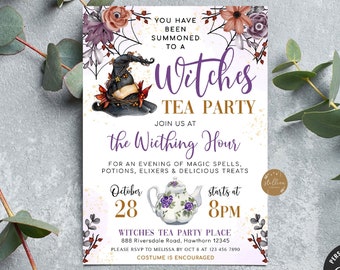 EDITABLE Witches Tea Party Invitation Halloween Bridal Shower Party Invitation, Wedding Halloween, Cheers Witches, Drink Up Wicthes Template