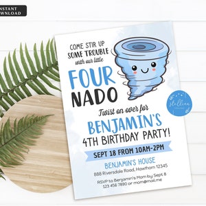 EDITABLE Tornado Birthday Party Invitation, Storm Chaser Fourth Birthday Four-nado Kids Party, Boy Twister Birthday Invite, DIY Template