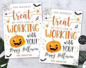 Editable Halloween Gift Tags, Biggest treat is working with you, Coworker Teacher Staff Nurse Appreciation Thank You Label, DIY Template