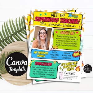 Folleto editable del boletín informativo del aula con tema de superhéroe del maestro, folleto imprimible, plantilla CANVA de carta de comunicación para padres Diy