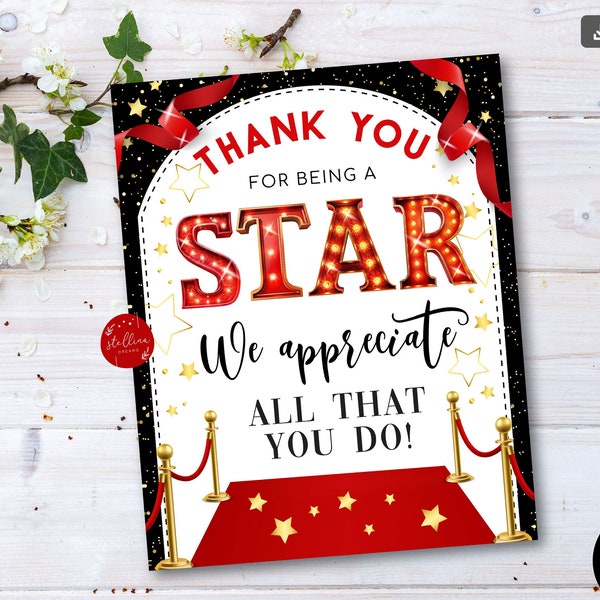 INSTANT DOWNLOAD You're a Star Sign, Hollywood Teacher Appreciation Week Printable Sign Volunteer Employee Staff Nurse Thank You Party Decor