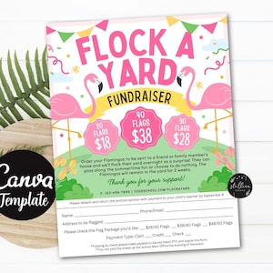 Folleto de recaudación de fondos "Flamingo Flock A Yard": Plantilla editable de CANVA, evento de verano