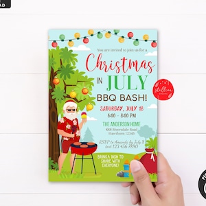 Christmas In July Party Invitation, Summer Xmas Santa, Holiday Invite, Backyard BBQ, Picnic in the Park, Printable Instant Download EDITABLE