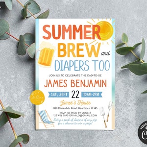 EDITABLE Summer Beer Baby Shower Invitation, Dad Diaper Party, Watercolor Printable Baby Sprinkle Couples BBQ Grill Shower Invite Template