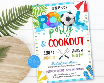 May include: A colorful pool party and cookout invitation with a blue, green, and red color scheme. The invitation features a pool float, a soccer ball, and a grill. The text on the invitation reads "Join us for a Pool Party & Cookout", "Sunday June 18", "Starts at 5:00 PM", "The Anderson Home", "888 Riversdale Road, Hawthorn 12345", "Don't forget to bring a towel and swimsuit!", "RSVP to Amanda by June 8", "123 456 7890 or amandoomail.com".