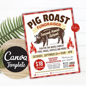 Editable Pig Roast Fundraiser Flyer, Pig Roast Poster pto pta, Church Community School Charity, Team Sports Benefit Bbq CANVA Template Diy