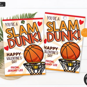 Basketball Valentines, You&#39;re a Slam Dunk Gift Tags, Boy Sports Valentine, Classroom Party School Teacher Staff Valentine Printable Editable