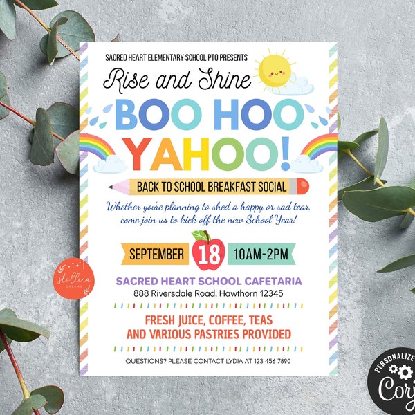 Boo Hoo Yahoo Breakfast Social Printable PTA PTO Flyer Invite School Fundraiser Poster, Back To School Invite, Printable EDITABLE Invitation