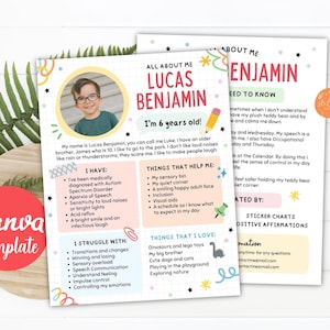 May include: A Canva template with a child's profile. The text reads "All About Me: Lucas Benjamin, I'm 6 years old!" The profile includes a photo, and lists things he struggles with, things that help him, and things he loves.