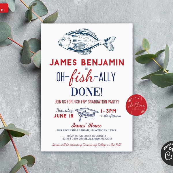 Editable Fish Fry Graduation Invitation, Printable Digital College Grad Invite, Guy Man Senior Grad Party Grill & Chill BBQ INSTANT DOWNLOAD