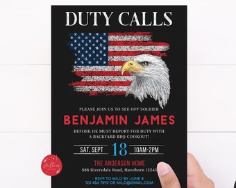 Duty Calls Deployment Invitation, Printable Digital US Army, Going Away Soldier Invite, Retirement Party, American Flag BBQ Editable Invite