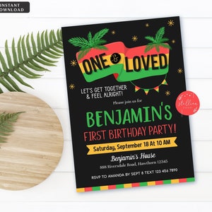 One Love First Birthday Party Invitation, Jamaica Reggae Theme Theme, One Year, Let&#39;s Get Together & Feel Alright, EDITABLE Template