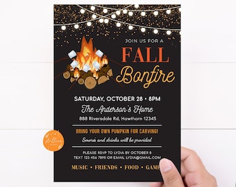 Fall Harvest Bonfire Invitation, Family Picnic, BBQ Invite, EDITABLE Printable Invitation Chili Cookoff, S'mores Pumpkin Carving Party Party
