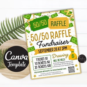 Bearbeitbarer 50/50-Verlosungsticket-Spendenaktionsflyer, aufgeteilt in den Topf Raffle-Spendenaktion, Sport-Spendenaktion, Kirche, Schule, Wohltätigkeit, CANVA-Vorlage